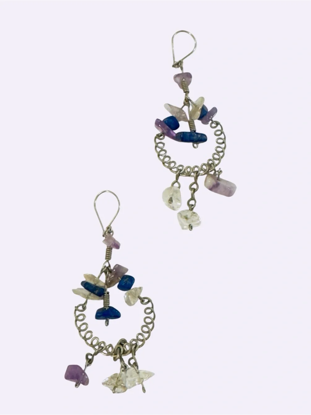 Boho Wire Wrapped Gemstone Dangle Earrings Purple Blue Chip Stone Handmade